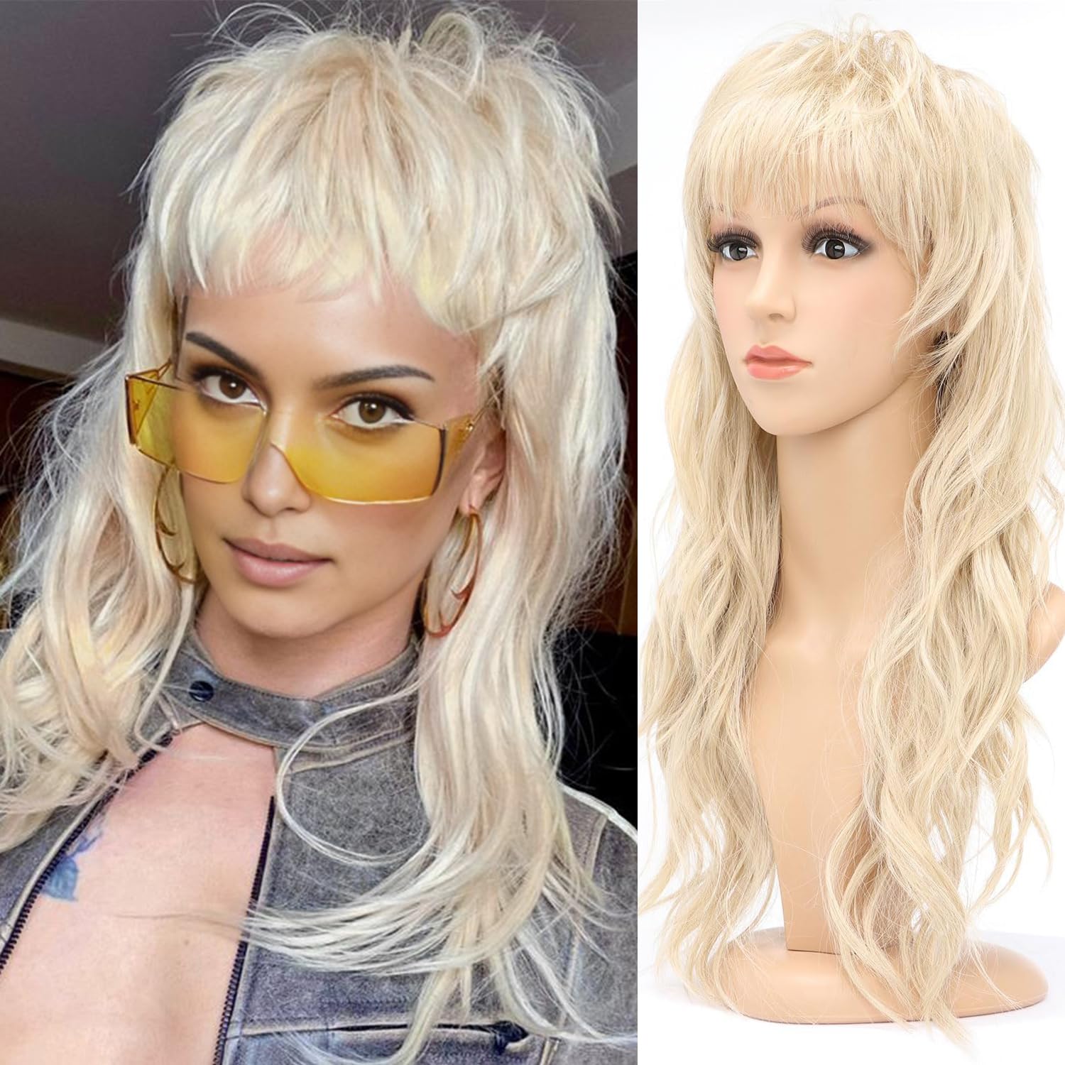 80s 90s Blonde Mullet Wigs Pixie Cut Wigs with Bangs for Women, Blond Wolf Wig Wavy Long Synthetic Split Fringe for Women at Party and Cosplay