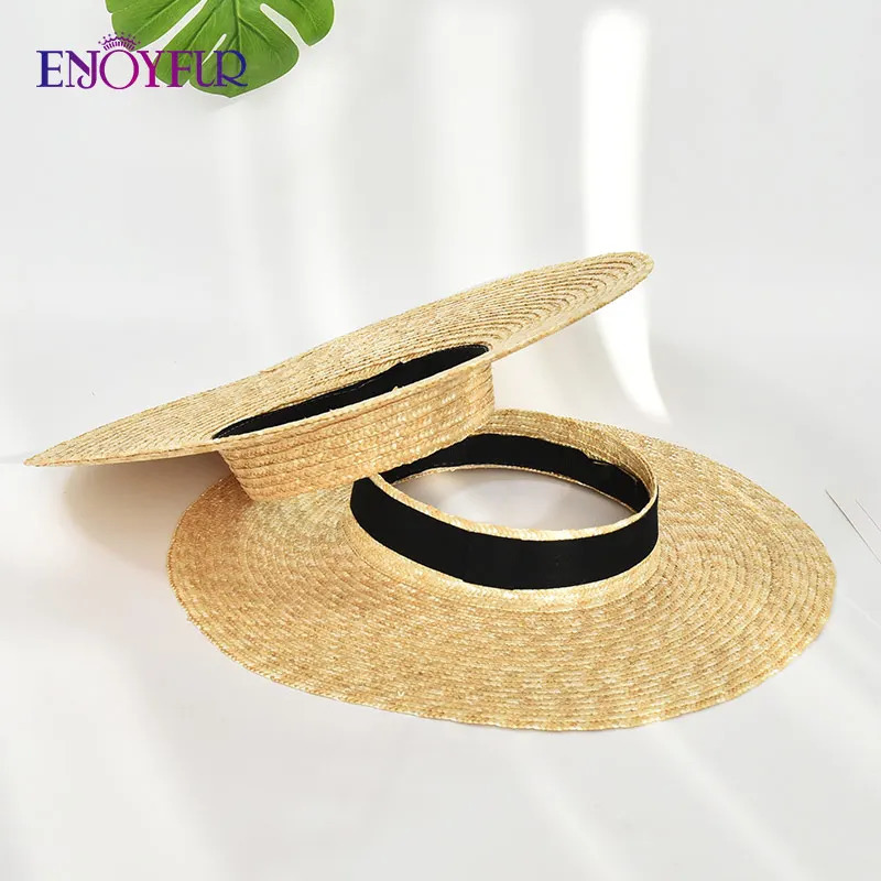 ENJOYFUR Women Summer Visor Hats Natural Straw Empty Top Beach Hat Quality Wide Large Brim Unisex Couple Travel Sun Caps 250320