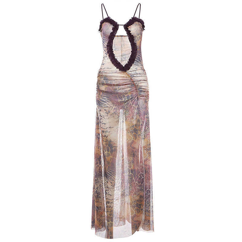 Autumn Fashion Trendy Women's New Strap, Mushroom Edge Printed Loose Open Umbilical Dress 250315
