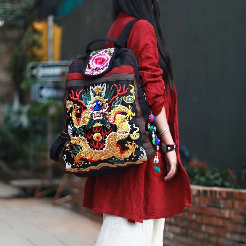 Top Women's Fashion Large Bags Black Canvas Embroidered Ethnic Bag School Backpack
