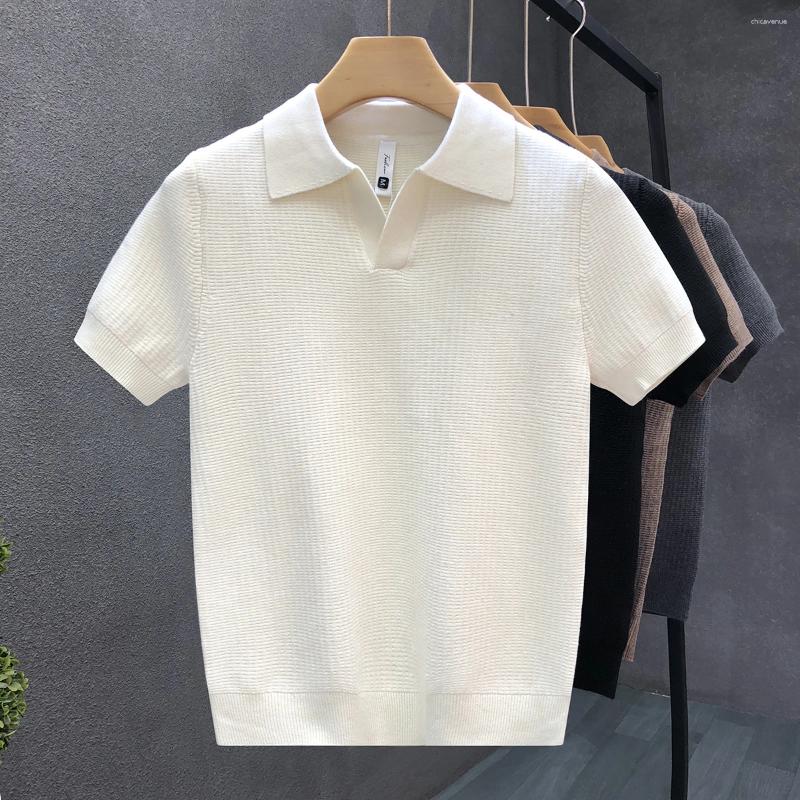 Men's Polos Solid Color Autumn High Quality Short Sleeve Knitted T Shirts Men Slim Pullovers Casual Stretched Tee Shirt Streetwear Homme D76