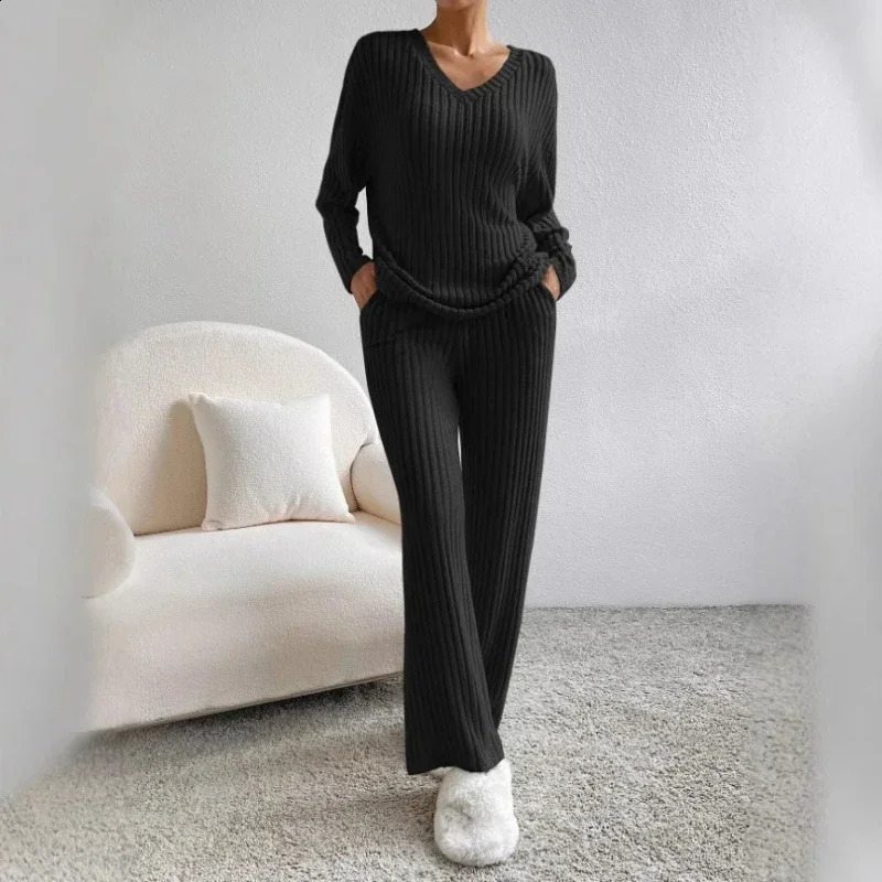 Two Piece Sets Outifits 2025 Spring and Autumn Fashion Casual Straightleg Pants Loose Vneck Pit Strip Knitted Suit 250319