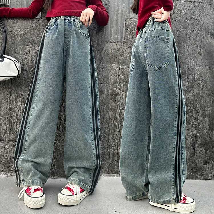Spring Child wide leg jeans with bow suitable for girls fashionable loose jeans children teenagers high waisted retro jeans TrouserT250326