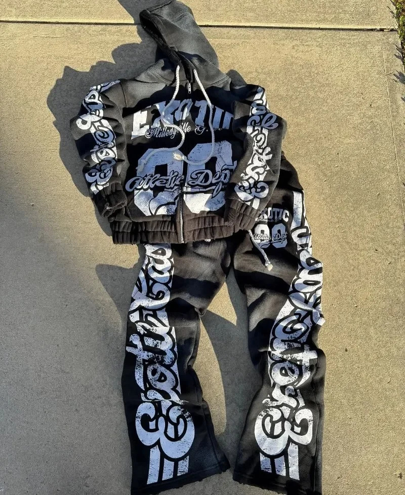 High Street Trendy Fashion Letter Printing Zipper Hoodie Mens Y2k Gothic Harajuku Retro Hip Hop Rock Set 250317