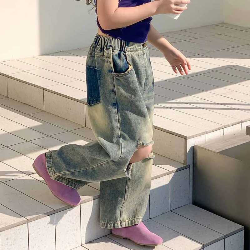 Autumn girls ripped jeans summer new styles childrens contrasting color pocket pants personalized retro wide leg pantsT2502320