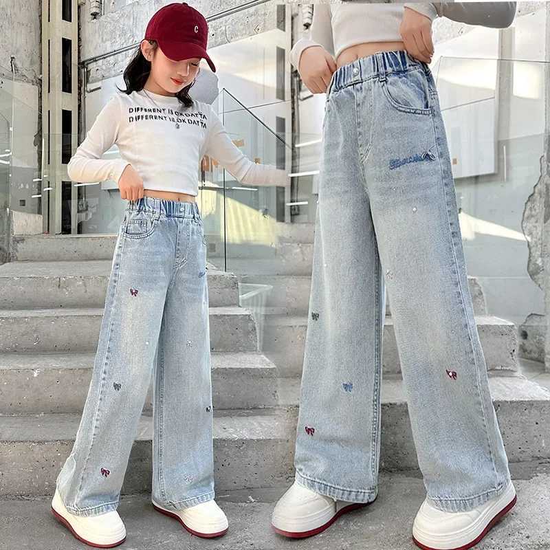 Teenage Girls Embroidered Bow Nail Bead Jeans Street Clothing Childrens Y2k Hip Hop High Waist Straight Loose Jeans Trouser 4-14T250326