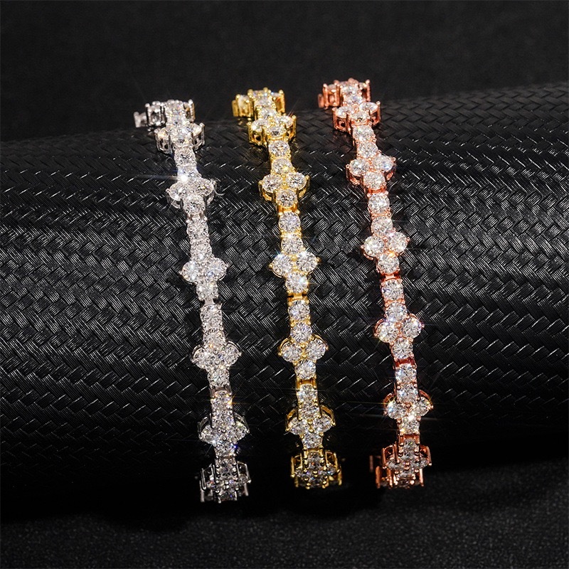 Hiphop 925 Sterling Silver 3mm Iced Moissanite Cross Tennis Chain Bracelet Women Men Fine Jewelry 14k Gold Plated Pass Tester