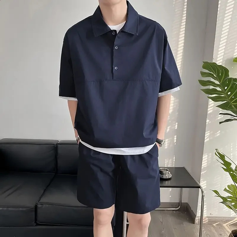 Mens summer polo shirt two-piece buttoned up casual cargo sports summer track and field clothing fashionable short sleevedshort sleeved set 250318
