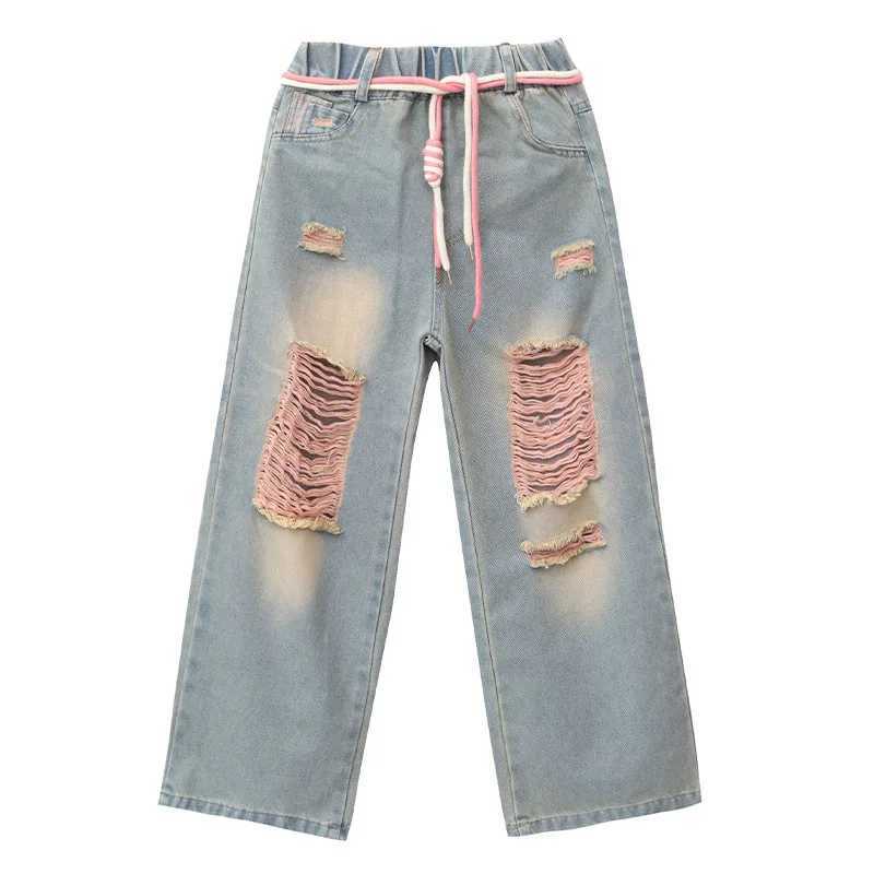 Girls Fashion Jeans 2024 Summer Thin Korean Edition Middle and Large Childrens Straight Cut Hole Jeans Fashion Wide Leg Pants 120-170CMT250326