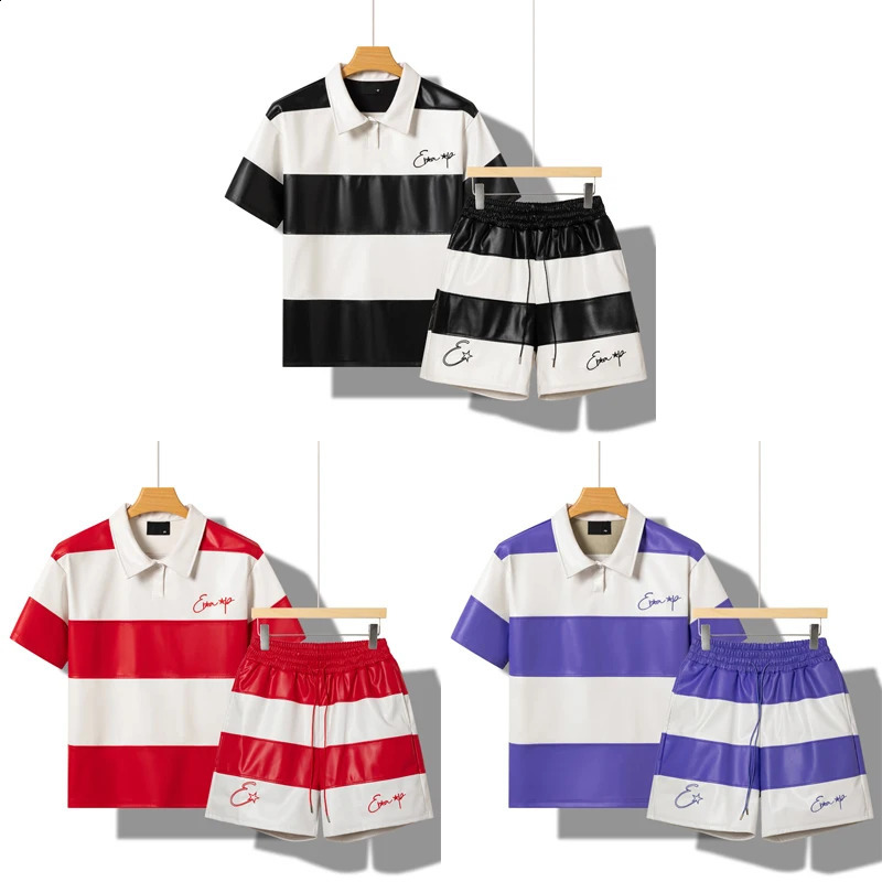 Stripe Pu Leather Drawstring Shorts Polo Shirt Sets Men Women High Quality Black Red Purple Casual Loose Holiday Beach Surf Suit 250318