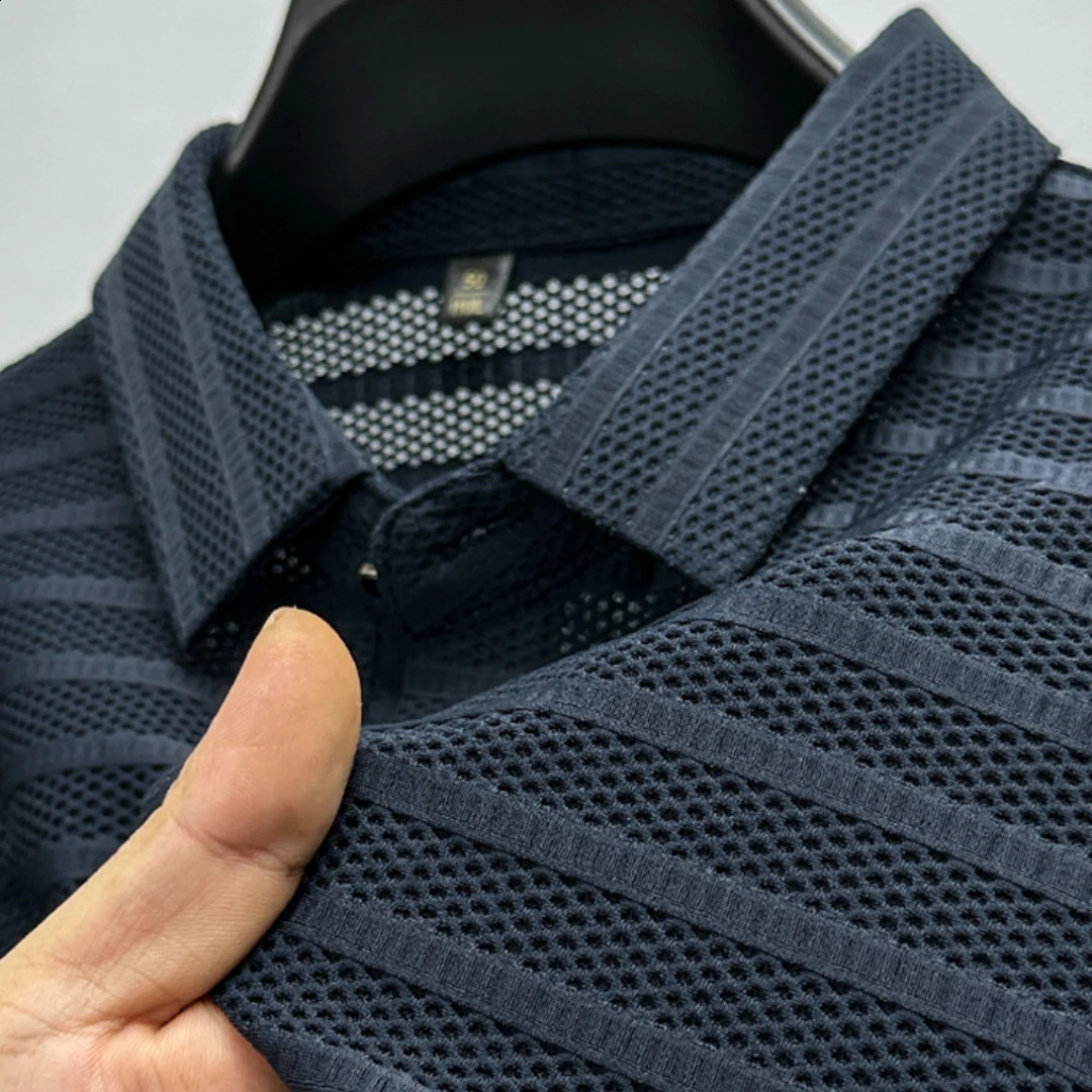 Ice Silk Mesh Hollow Polo Shirt 2023 Summer Korean Fashion Breathable Loose Tshirt Mens Clothing Short Sleeve Ropa 250318