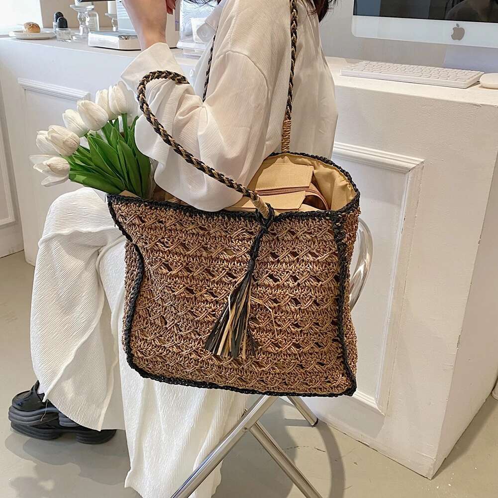 Summer For Women Straw Shoulder Bags Rattan Woven Boho Wicker Beach Tote Handbags Hollow Out Tassel Handle Bag Bolsas