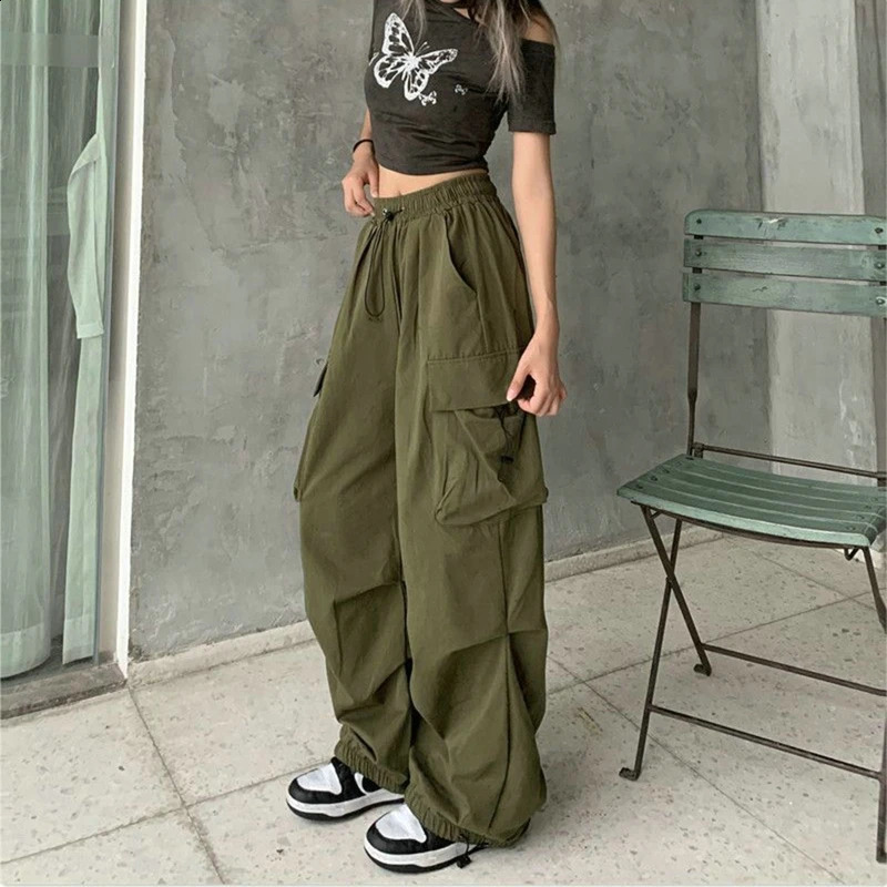 Womens casual pants solid low waisted oversized pockets wide leg Y2K streetwear sports 250319