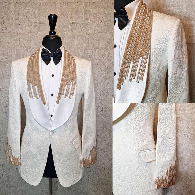 Stylish Wedding Tuxedos Beaded Jacquard Men Suit Shawl Lapel 1 Piece Set Jacket Party Evening Groom Business Blazers Customized