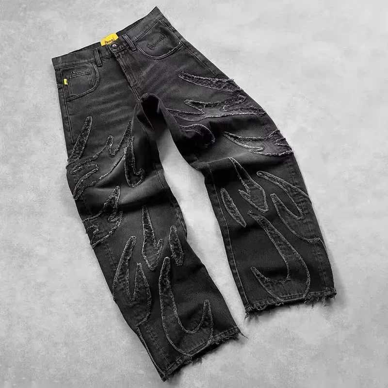 Street Gothic Retro High Waist Wide Leg Trousers 2025 Y2k Hip Hop Luggage Jeans Mens Street Fashion Primitive Edge Embroidered JeansT250319