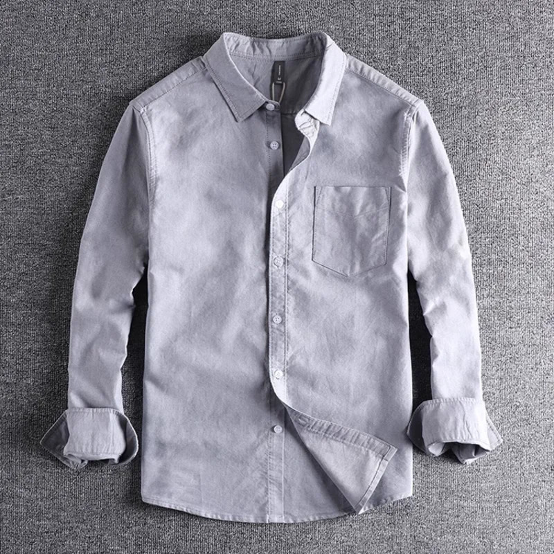 Washed Oxford Fabric Base Simple Pocket Long Sleeve Shirt Mens Casual Jacket 250317