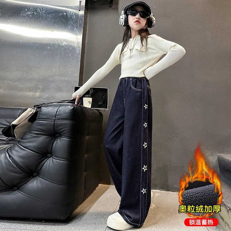 Girls Warm and Thick Jeans Autumn Winter Kids FIve Star Design Trousers Teen Childrens Fleece Lined Loose Wide-leg Denim PantsT250326
