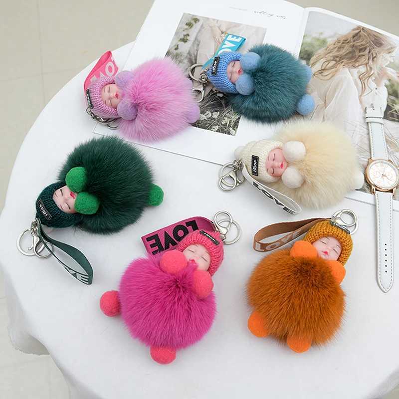 Pompom Sleeping Baby Keychain Cute Fluffy Plush Doll Keyholder Women Girl Bags Keyrings Cars Key Ring Gift Charming DecorationXJ250319