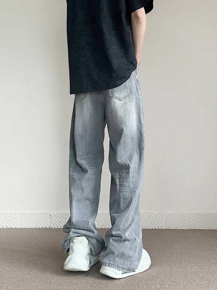 Mens Retro Grey Pocket Jeans Fashion Straight Harajuku Casual Y2k Pants High Street Wide Denim Trouser Mens Fashion BrandT250319