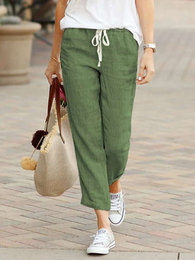 Women Cotton En Wide Leg Pants Summer Female Elastic Waist Drawstring Solid Loose Trousers Jyfs-1616