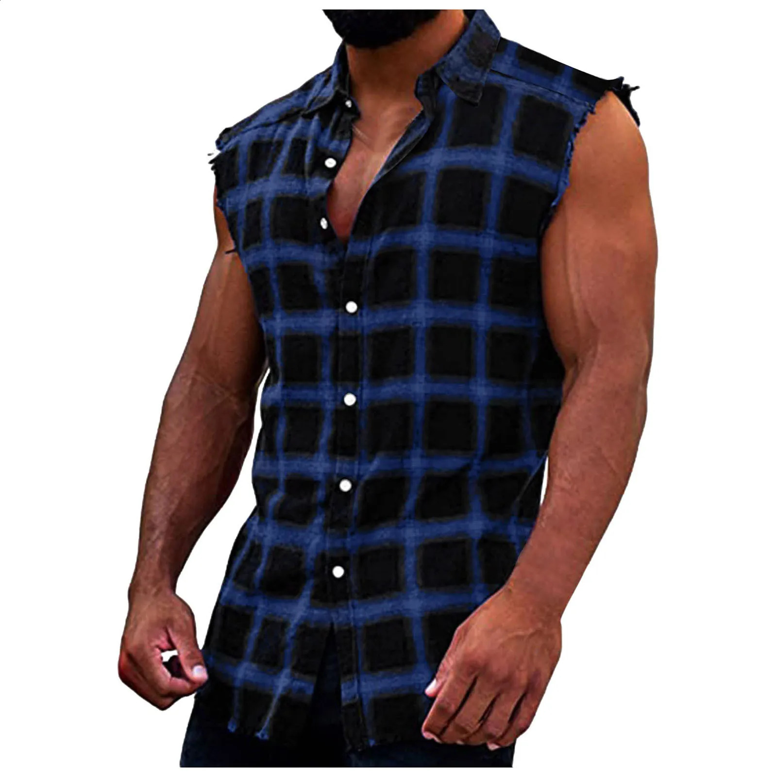 Mens sleeveless flannel vest casual loose button denim flat top up shirt plus size Camiseta Masculina Playeras 250319