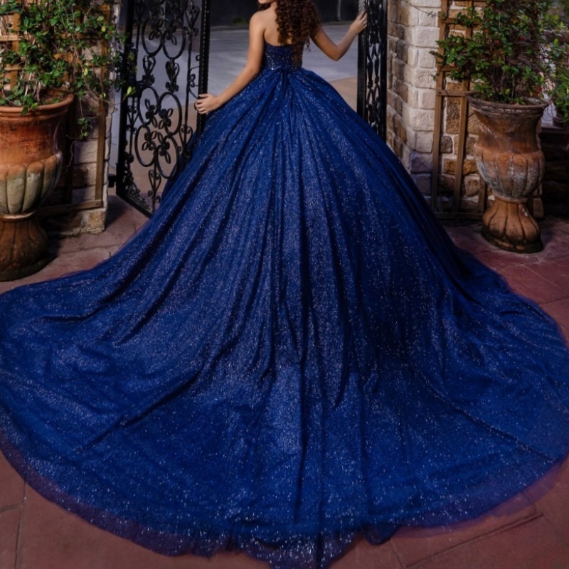 Navy Blue Shiny Princess Ball Gown Quinceanera Dresses Off The Shoulder Beading Crystal Tull Sweet 16 Dress vestidos de 15 Anos