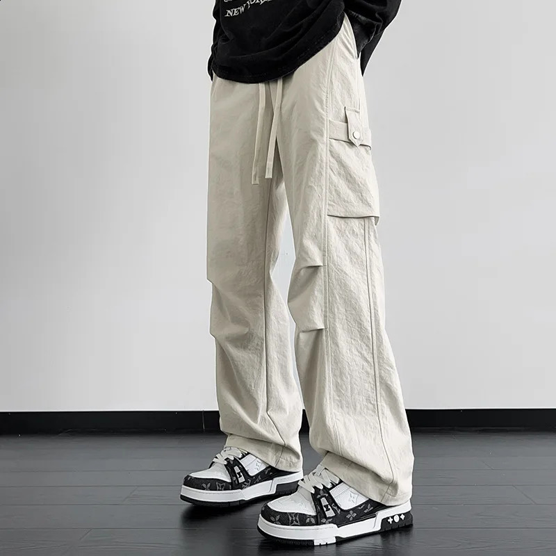 Fashionable retro straight leg mens loose fit wide pocket n classic casual pants American style 250317