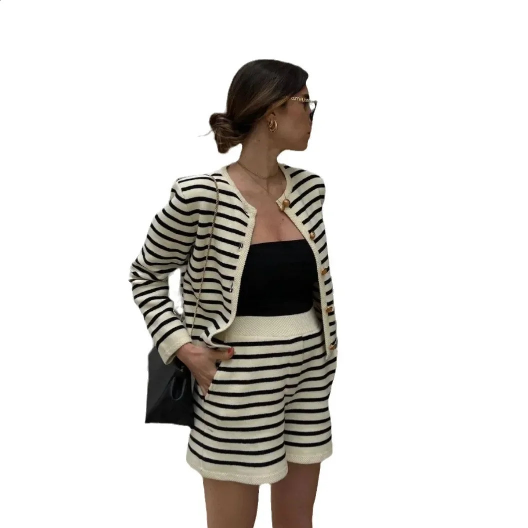 womens fashionable casual sweater cardigan wool sweater for quick sale striped round neck knitted shorts set summer clothing 250318