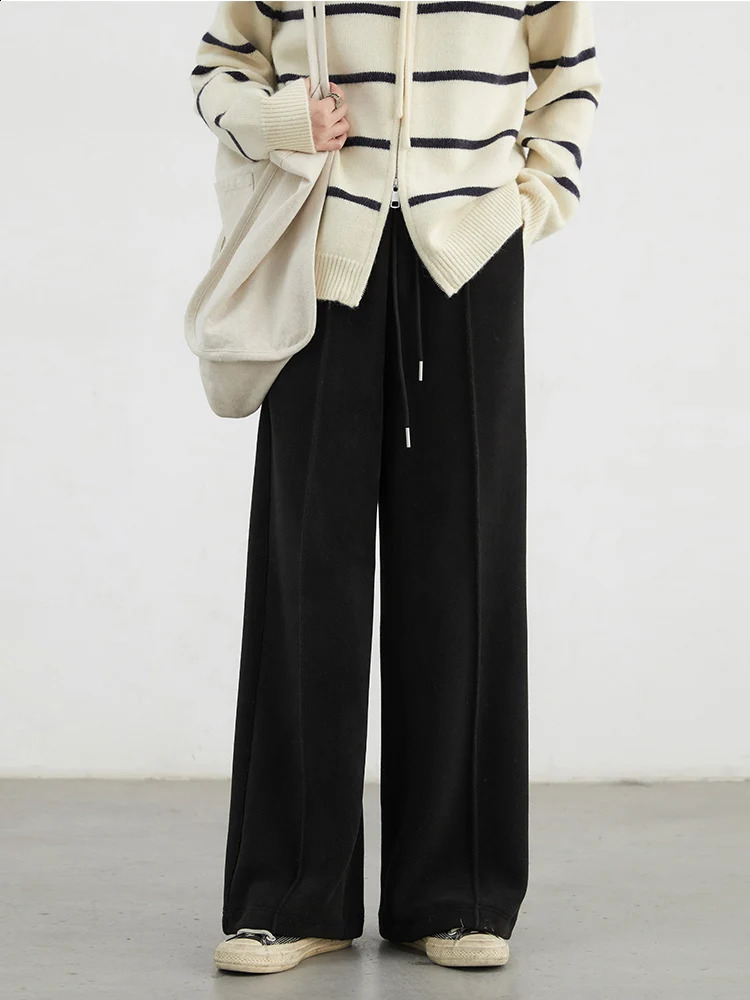 CHIC VEN Womens Casual Solid Elastic Waist Wide Leg s Trouser Lazy Straight Pants Womens Autumn Winter 250314