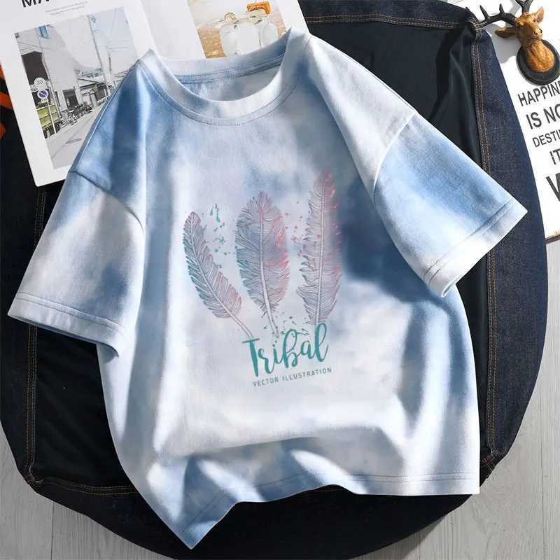 Feather T-shirt for Girls Cotton Kids T-shirt Tie Dye Printed Childrens Casual Clothing Teen Girls Top 6 8 10 12T250320