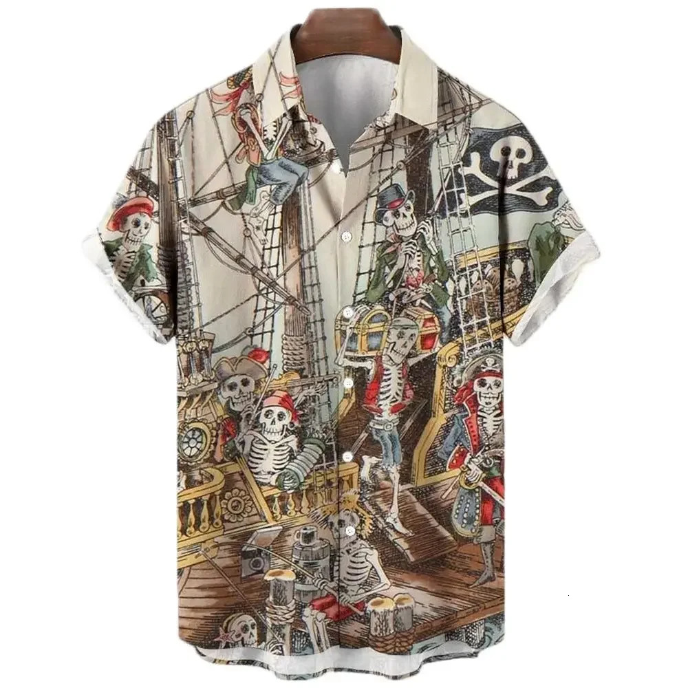 Mens sailboat skull print shirt Hawaii fashion casual rock print plus size top beach mens clothing 250318