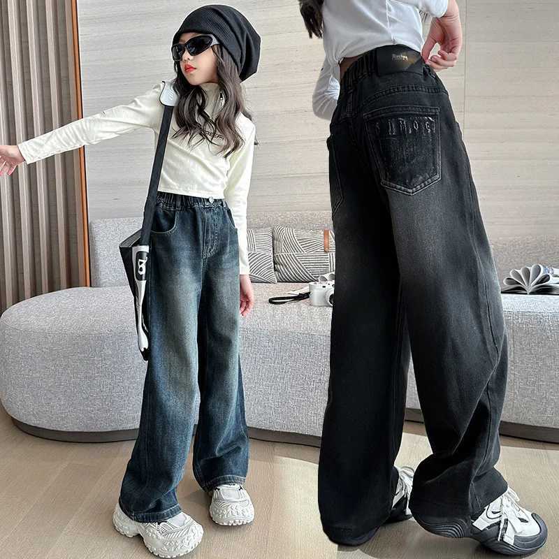 2024 New High Quality Girls Jeans Retro Denim Wide Leg Pants Childrens Clothing Casual Solid Youth ClothingT250326