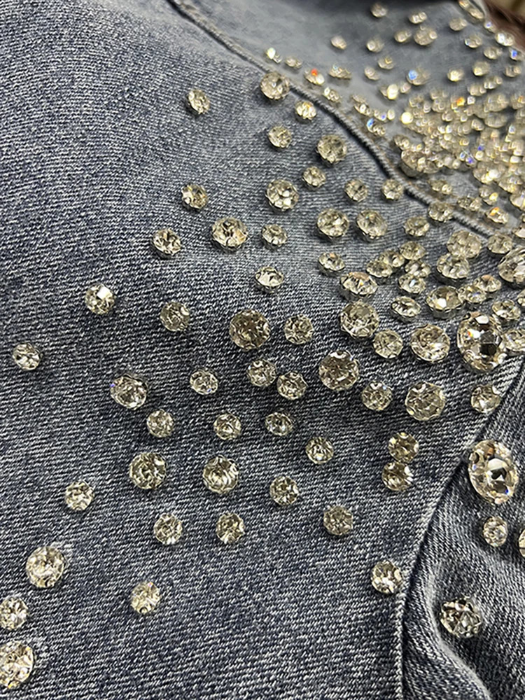 DEAT womens denim shirt patch work sheet pocket panel loose long sleeved diamond shirt spring item 29L2946 250317