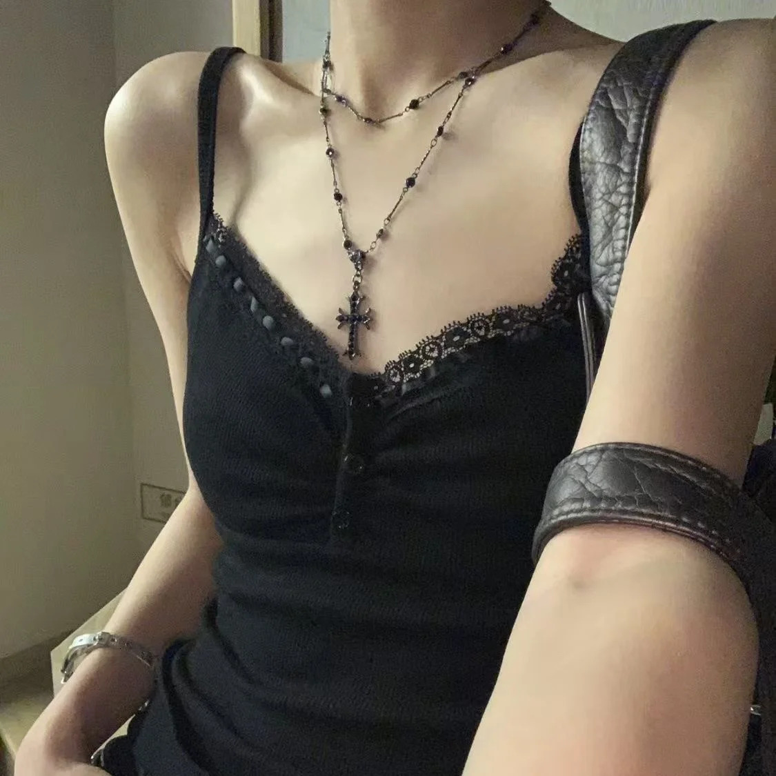 Summer Harajuku Sexy Crop Tops Lace Women Camis Korean Fashion StreetwearCasual Female All Match Tanks sweet Y2K Black 250320