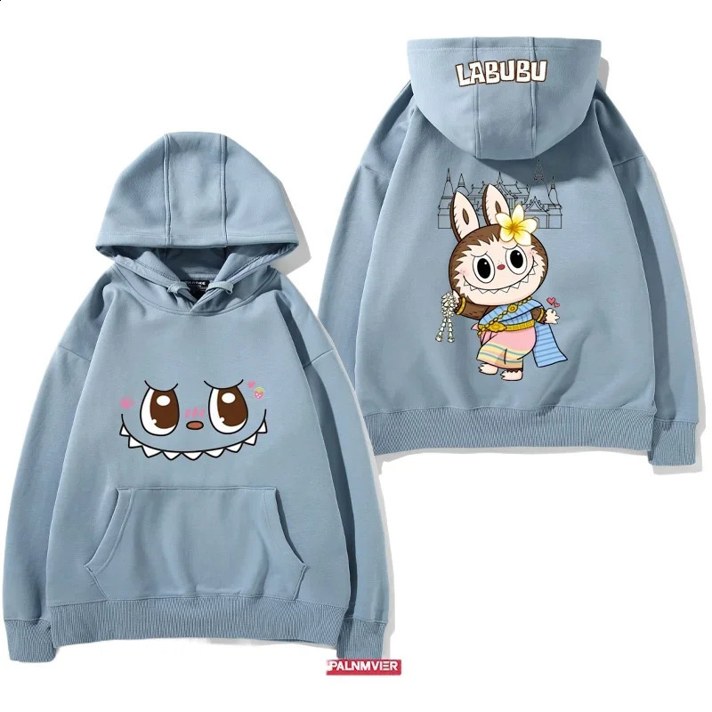 Neutral long sleeved hooded sweatshirt with loose fit and Labubu cartoon print for casual autumn winter cute fashionable comfortable daily wear 250319