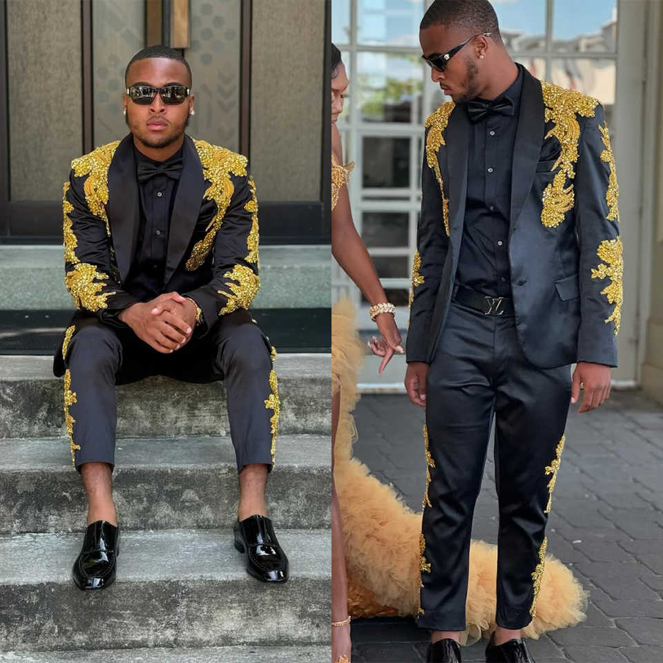 Gold Beads Groom Wedding Wear Shawl Lapel Party Birthday Mens Pants Suits 2 Pieces Customized Cosplay Outfits