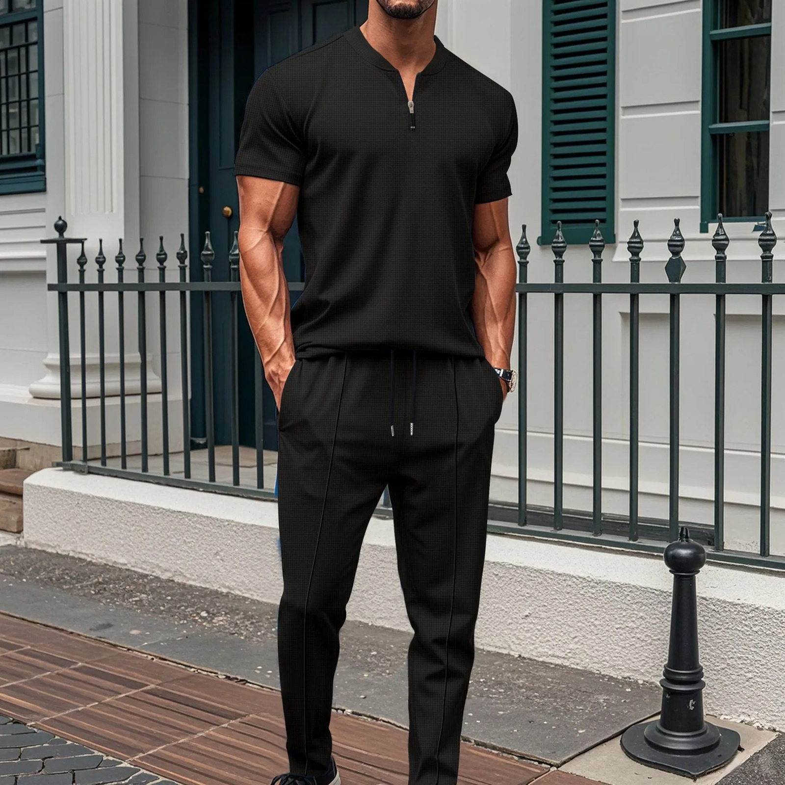 mens Xinhua collar small zipper solid color polo shirt mens T-shirt short sleeved mens two sets 250318