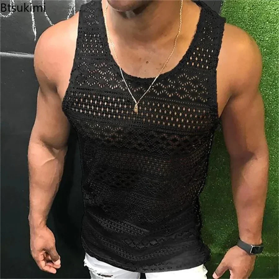 Summer Tank Top for Men Lace Hollow Out Sleeveless Shirts Mens Clothing Slim Fit Gym Clothes Workout Solid Vest Tops Male 250318