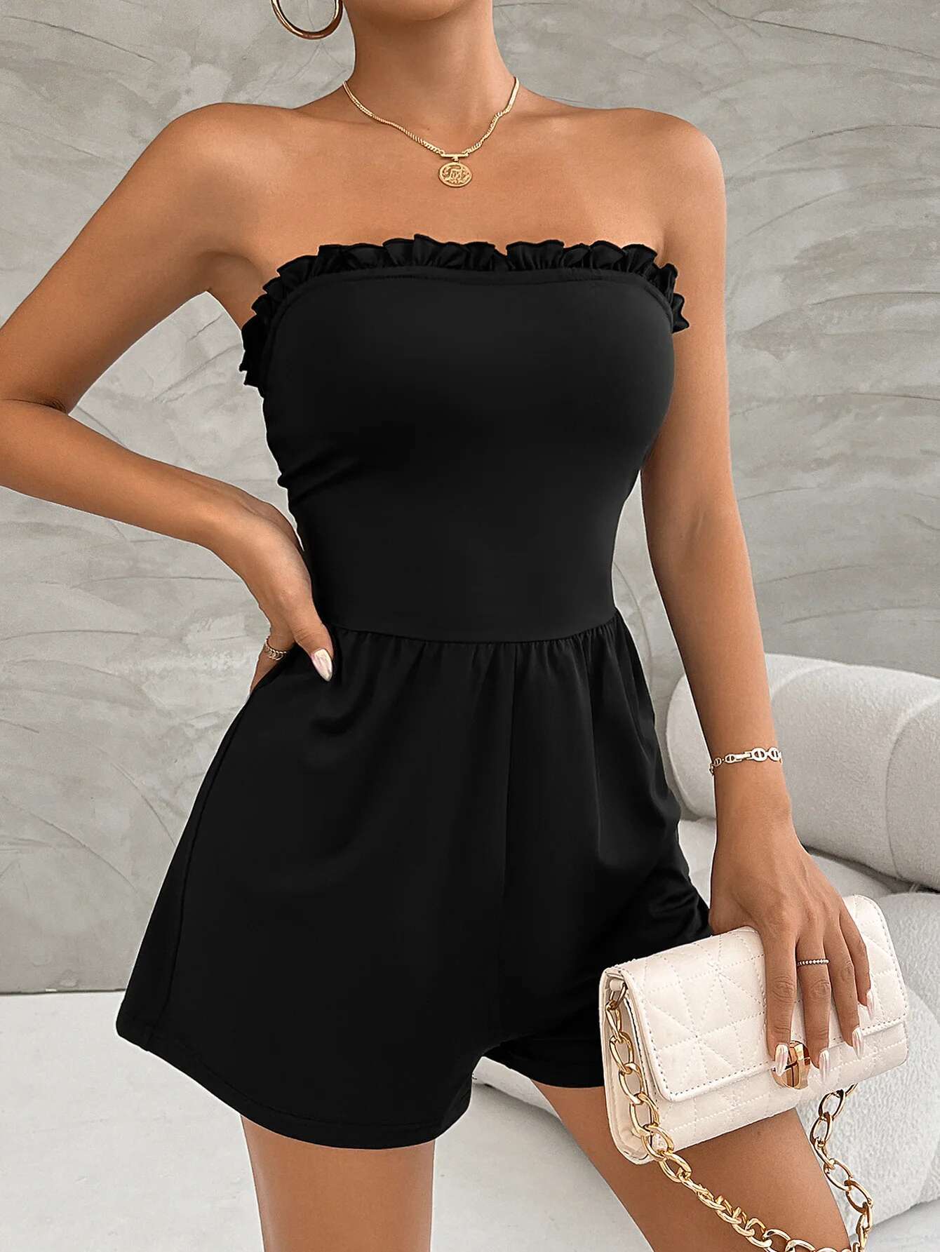2024 New Fashion Sexy Women's Solid Black Color Short Female Casual Wrap Chest Wid-Leg Pants Women Jumpsuit On Sale