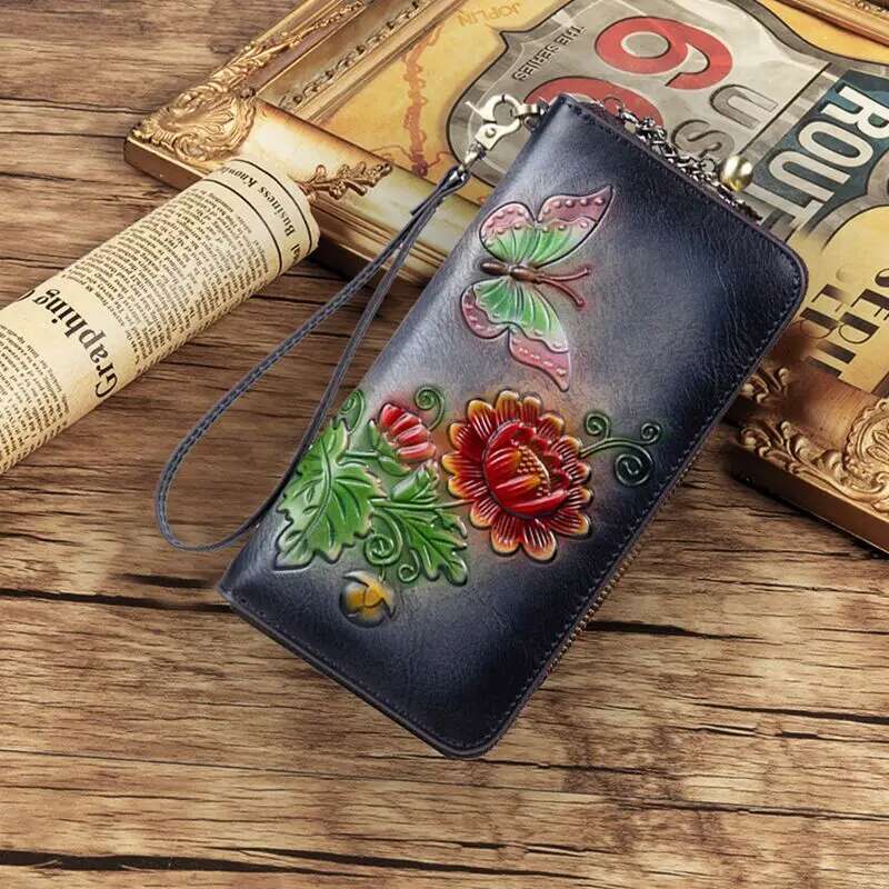 MOTAORA Women's Retro Wallet Genuine Leather Vintage Purse Women Chinese Style Emed Card Holder Ladies Casual Female Clutch