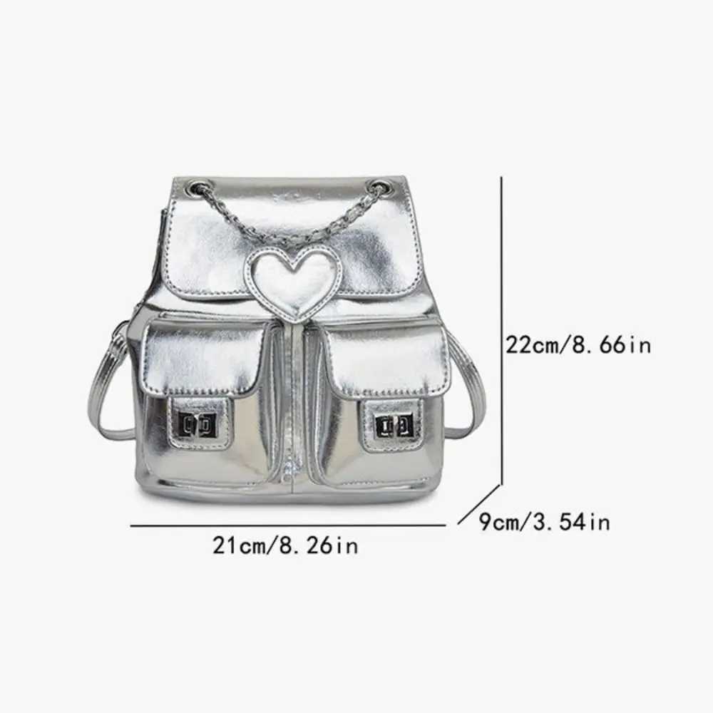 Cute Silver Backpack Chain Heart Bookbag Large Capacity Solid Color Daypack Y250319