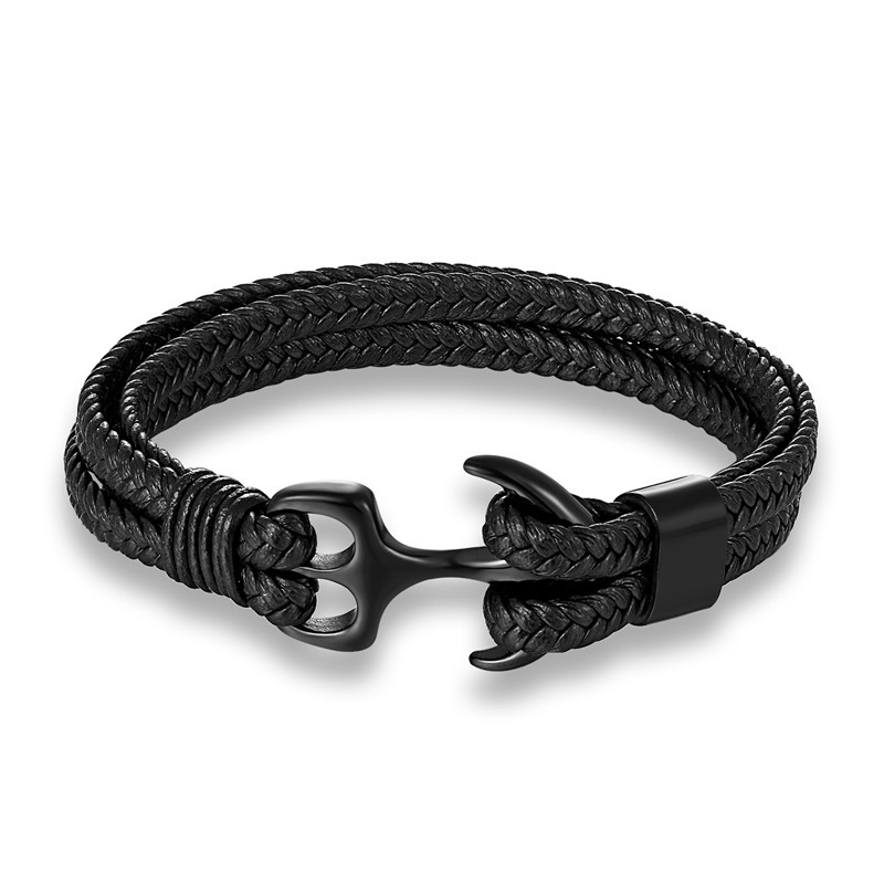 Stylish Men's Black Braided Leather Bracelet Featuring Anchor Motif in Titanium Steel