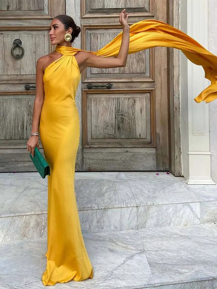 Elegant Solid Ribbon Women Halter Dress Off Shoulder Sleeveless Backless Slim Female Maxi Dresses Summer Chic Lady Robe 250319