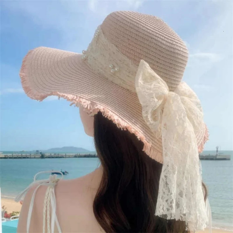 Beach Straw Hat For Women Summer Korean Style Large Brim Sun Protection Cap With Lace Pearl Versatile Fashion Vacation Beach Hat 250320