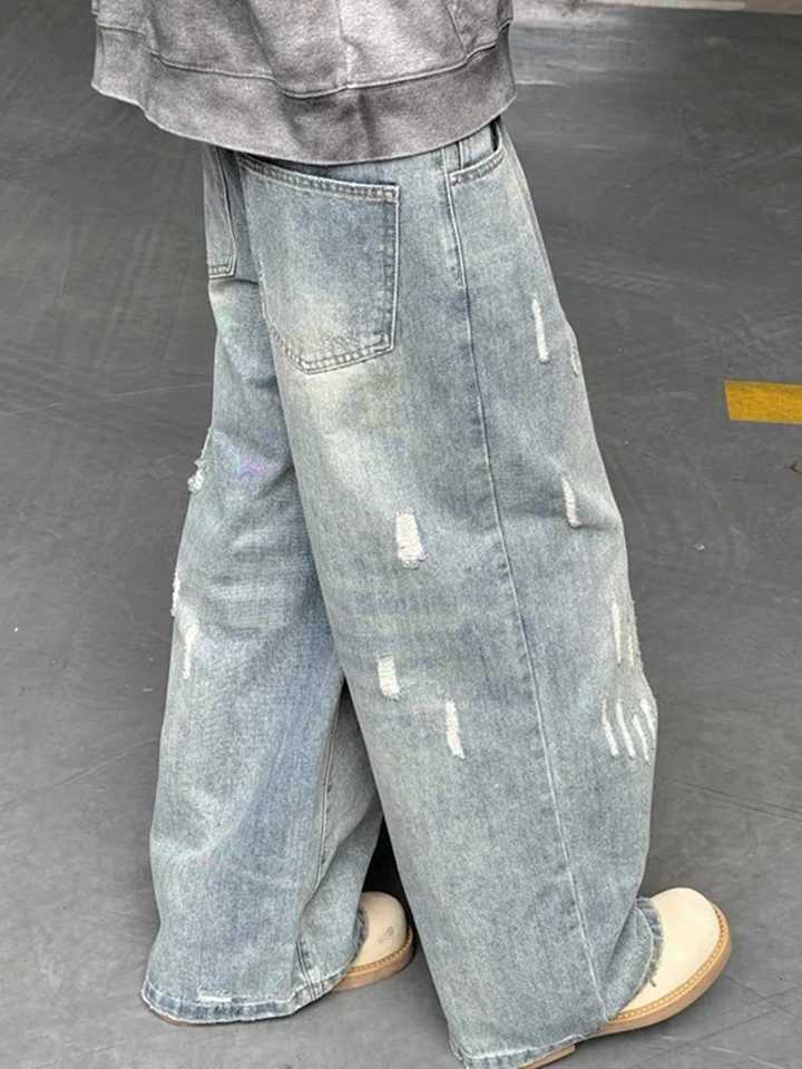 Yao888 Cleanfit style washed vintage casual pants wide leg pants with ripped holes and loose pockets for streetwear unisex mens jeansT250319