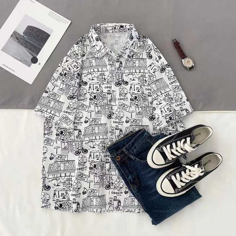 Mens street fashion summer daily shirt Hawaiian cartoon print casual loose shirt short sleeved beach loose top M250318