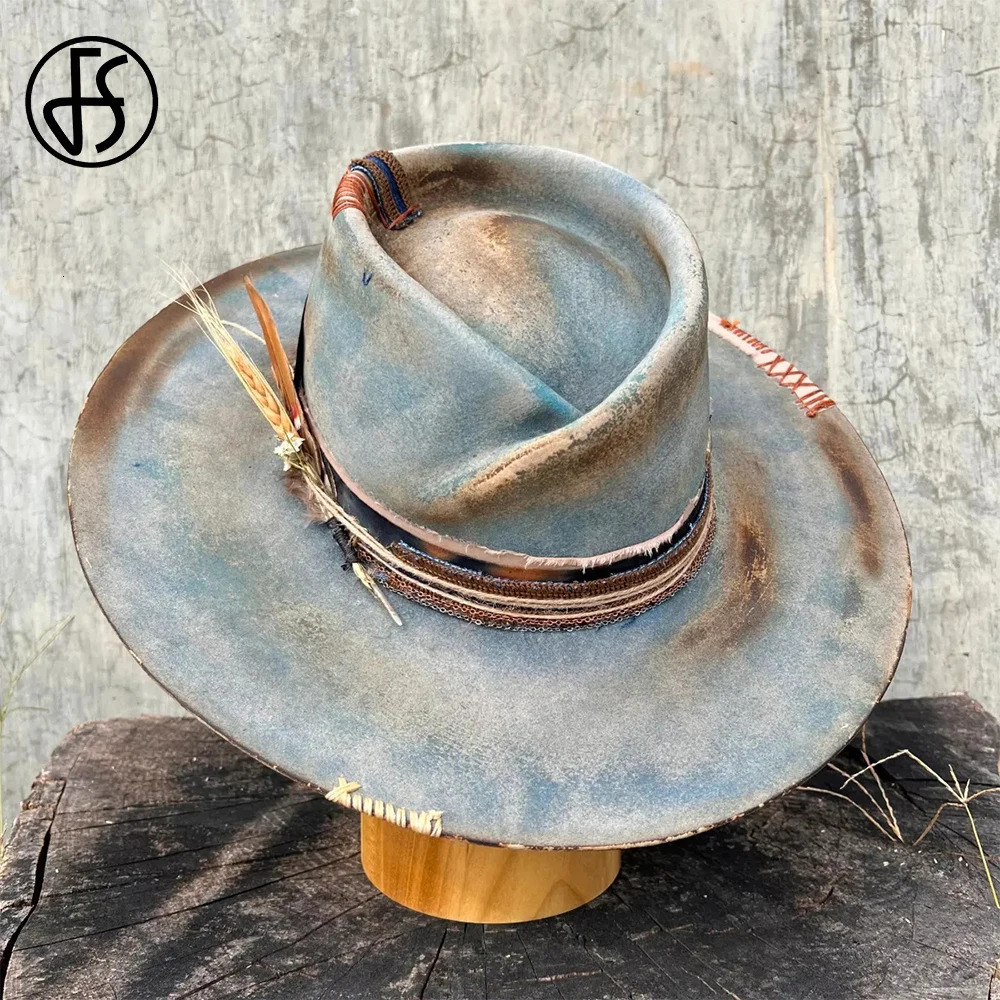 FS Vintage Wine Red Cowboy Hats For Men Women With Ribbon Feather Decoration Jazz Panama Hat Gentleman Wool Felt Fedoras 250320