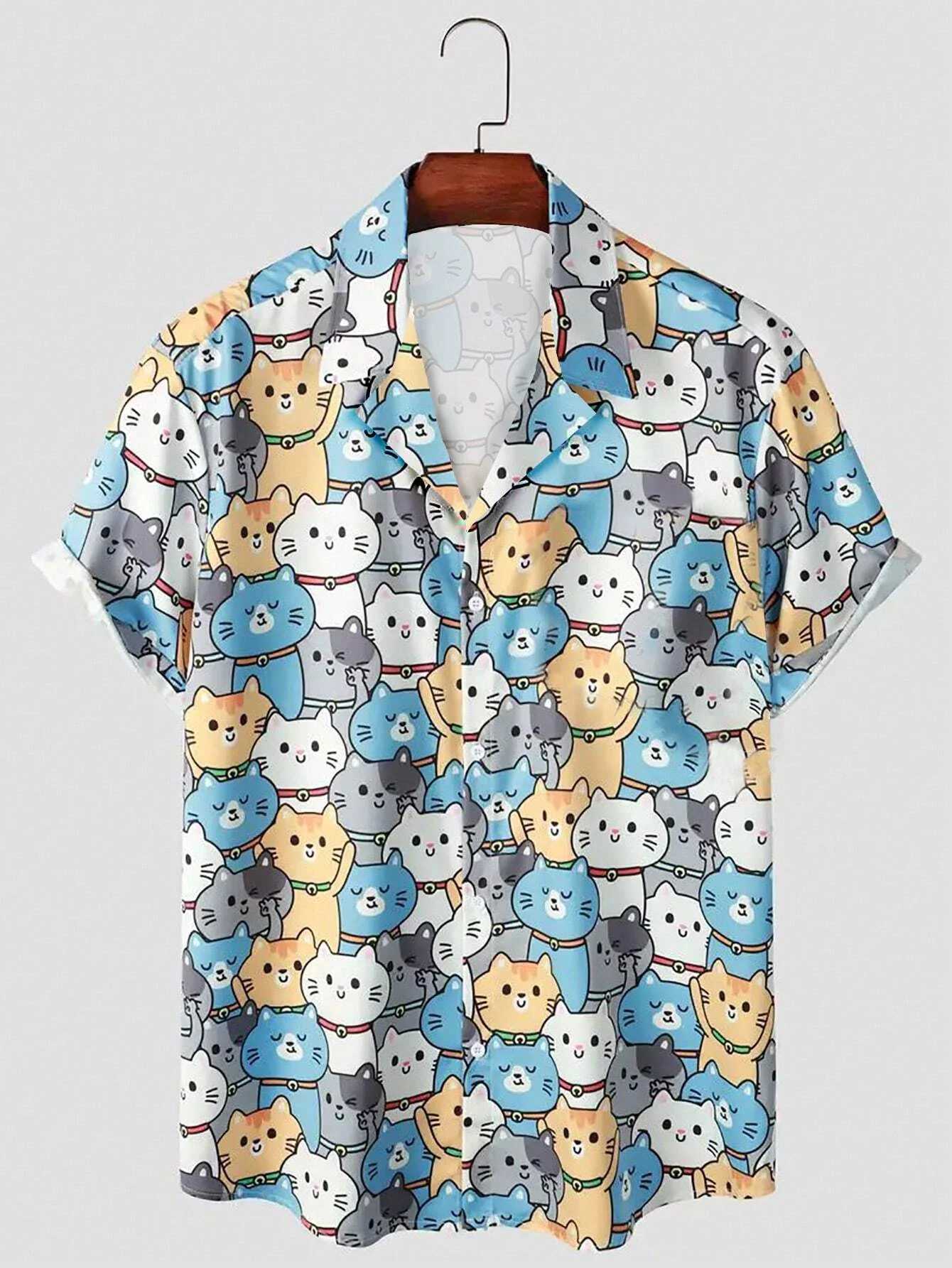 Unisex Fashion Mens Cute Cat Print Casual Daily Wear 3D Printing Short Sleeve Shirt Fashion Hawaiian Shirts For Men Harajuku M250320