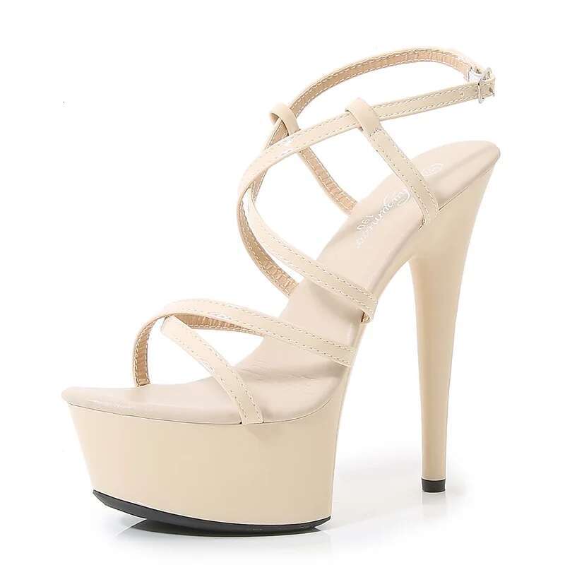 Women's Beige Red Cross Tie 15cm Heel High Waterproof Platform Sandals Dance Shoes LFD-8661-55