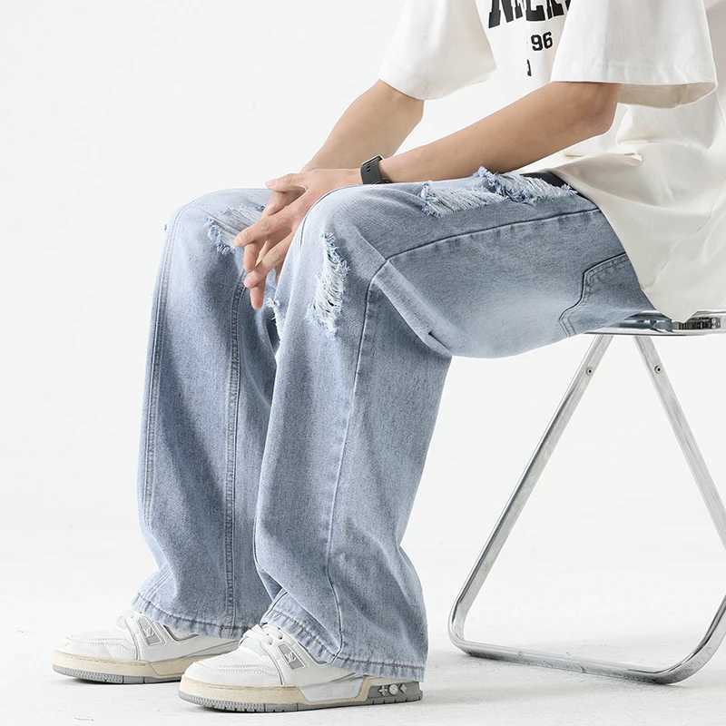 Mens summer ripped jeans loose straight leg retro mens drawstring port fashion brand fully matched casual pantsT250319